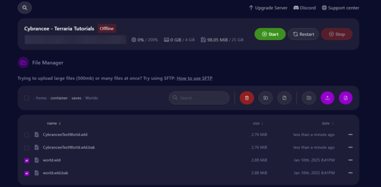Cybrancee panel Terraria files saves/Worlds folder
