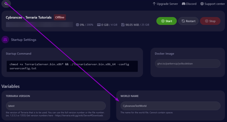 Cybrancee panel Terraria startup page, with world name outlined