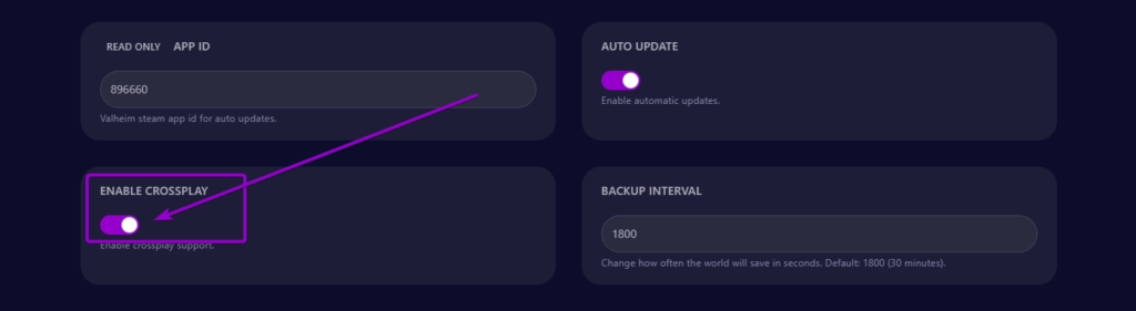 Cybrancee panel Valheim startup page, with enable crossplay outlined