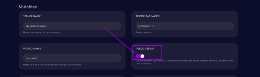 Cybrancee panel Valheim startup page, with public server outlined