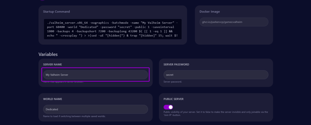 Cybrancee panel Valheim startup page, with server name outlined