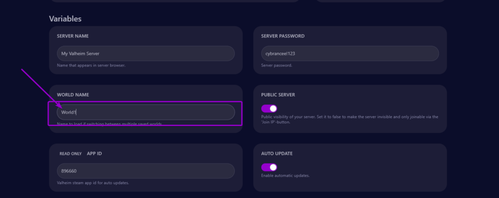 Cybrancee panel Valheim startup page, with world name outlined