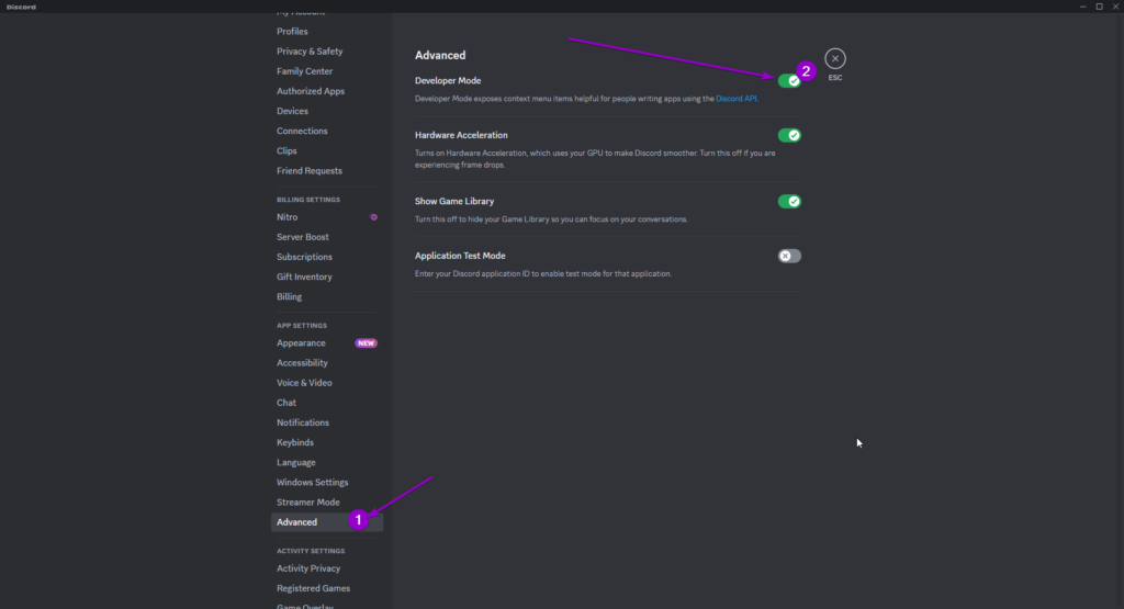 Discord advanced page, wit developer mode toggled on