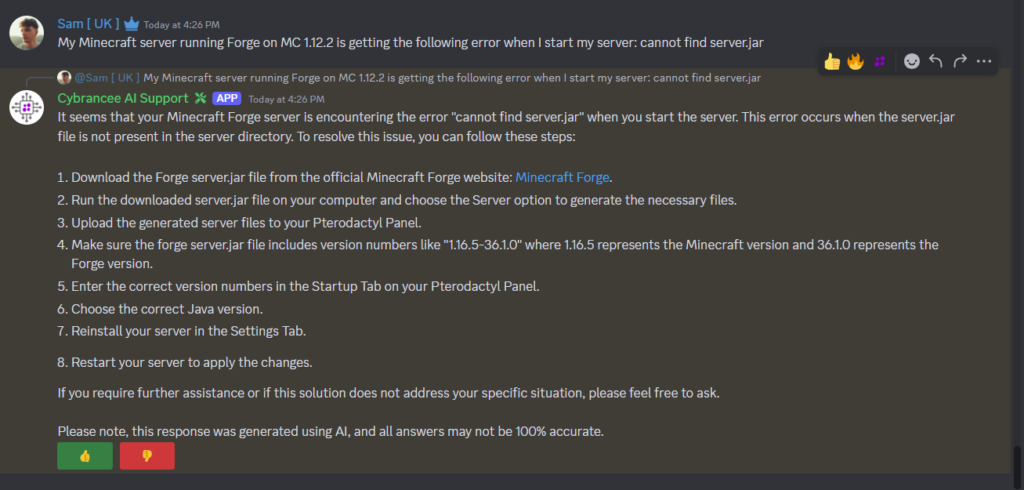 Discord AI instant support bot, question and answer