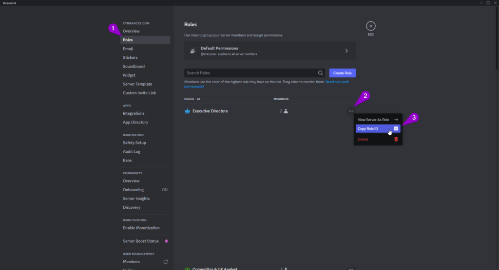 Discord roles screen, copy Role ID