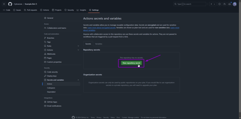 Github new repository secret option