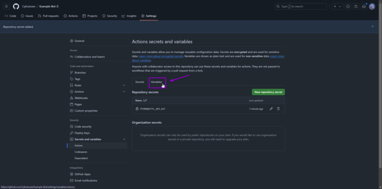 GitHub repo actions screen, with variables outlined