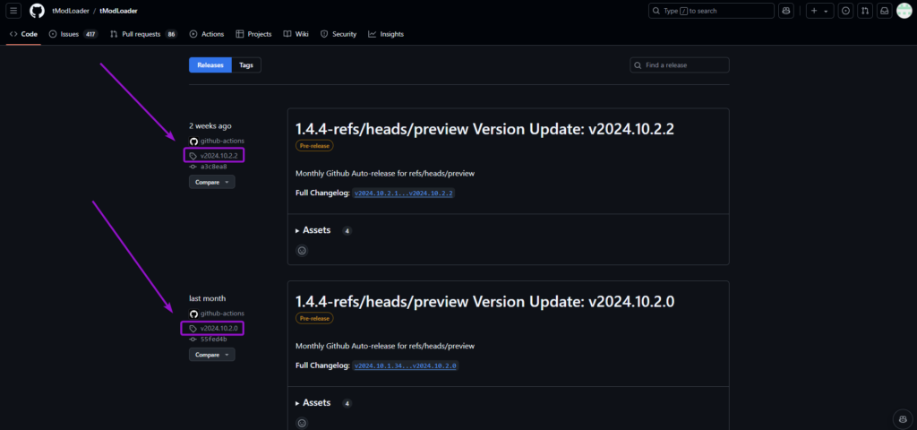 Tmod loader release page on GitHub