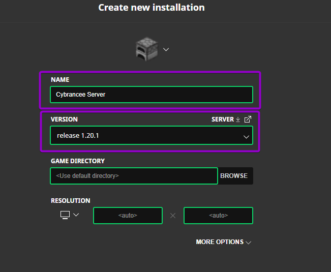 Minecraft installation with name and version outlined