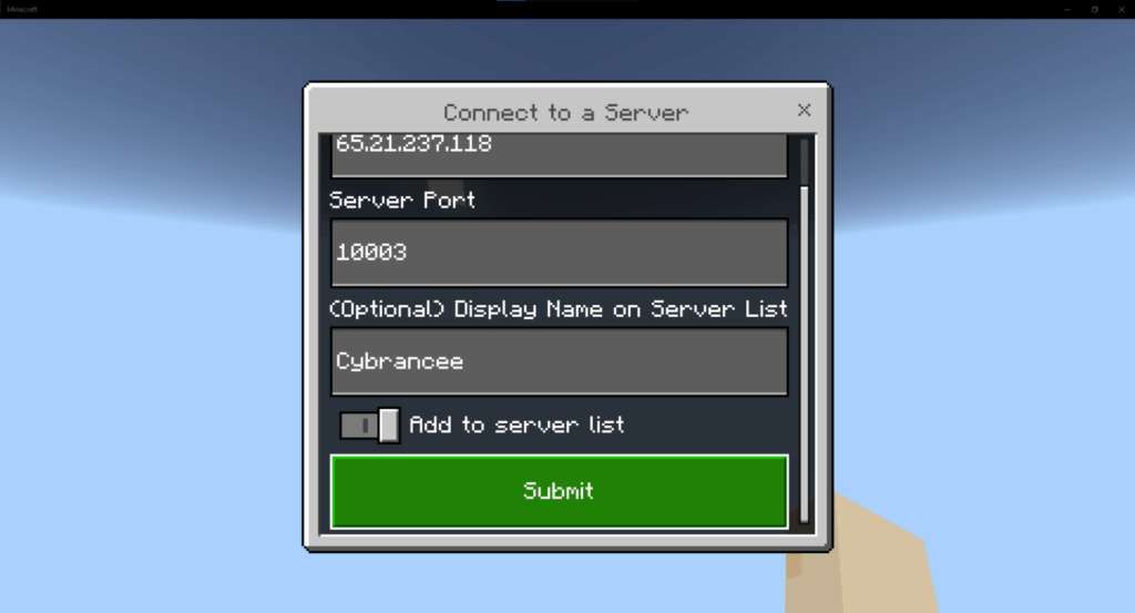 Minecraft Xbox connect to a server modal, submit button