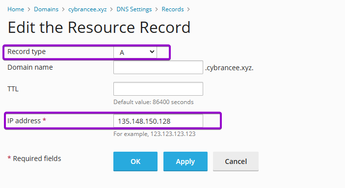 Plesk DNS A Record with Record type and IP address outlined