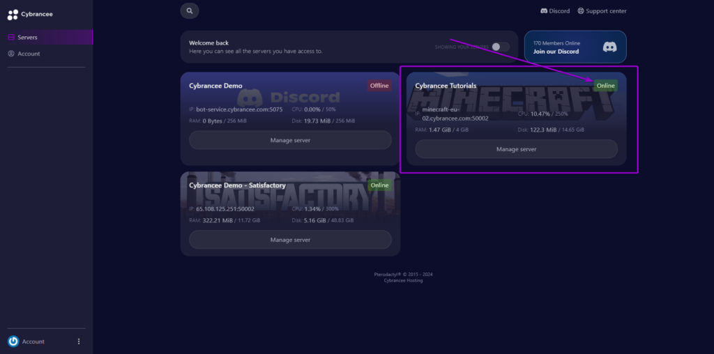 Server overview with online status highlighted