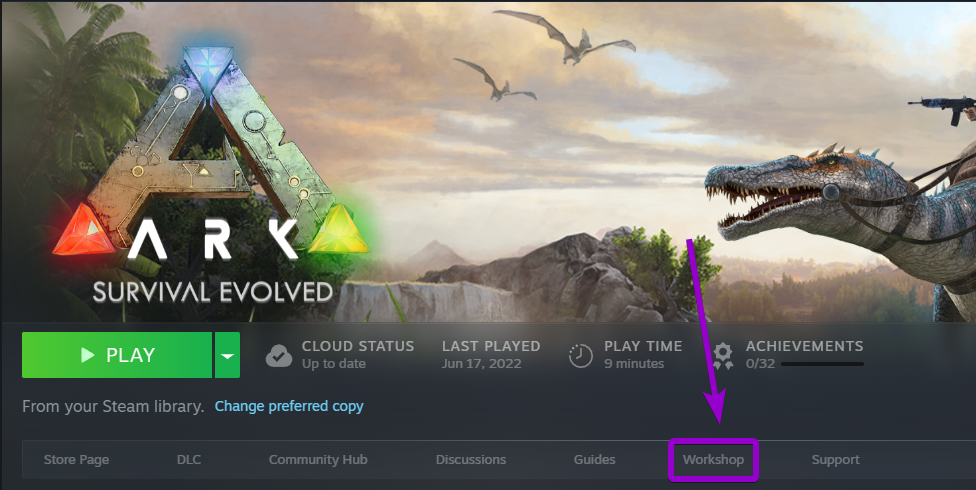 Steam Ark: Survival Evolved page, with workshop tab outlined