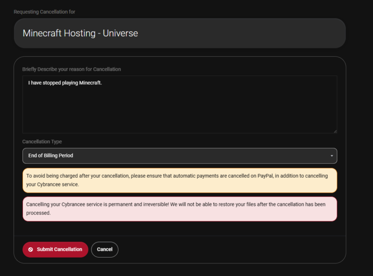 Submit cancellation page