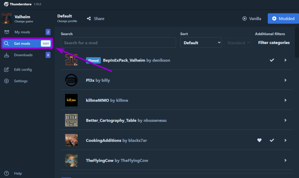 Thunderstore website, with get mods button outlined