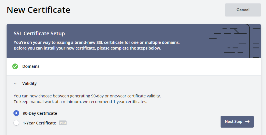 Zero SSL certificate setup with duration