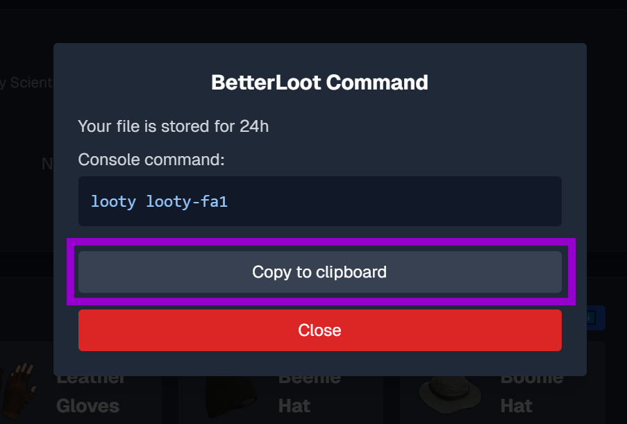 Better Loot web base configuration with copy to clipboard outlined