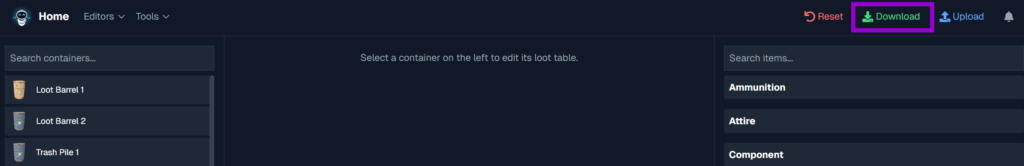 Better Loot web base configuration with download button outlined