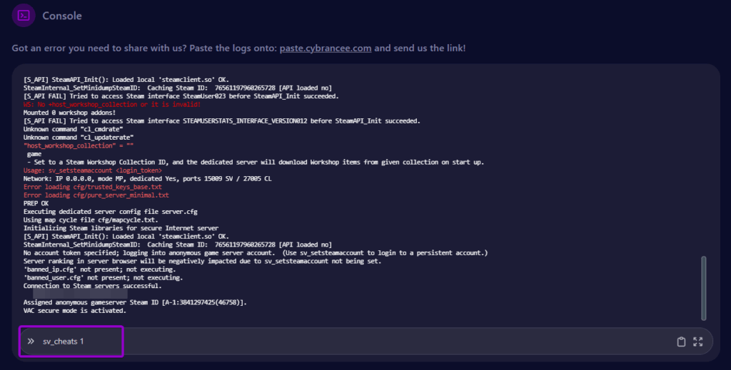 Cybrancee garry's mod console tab with text input field outlined