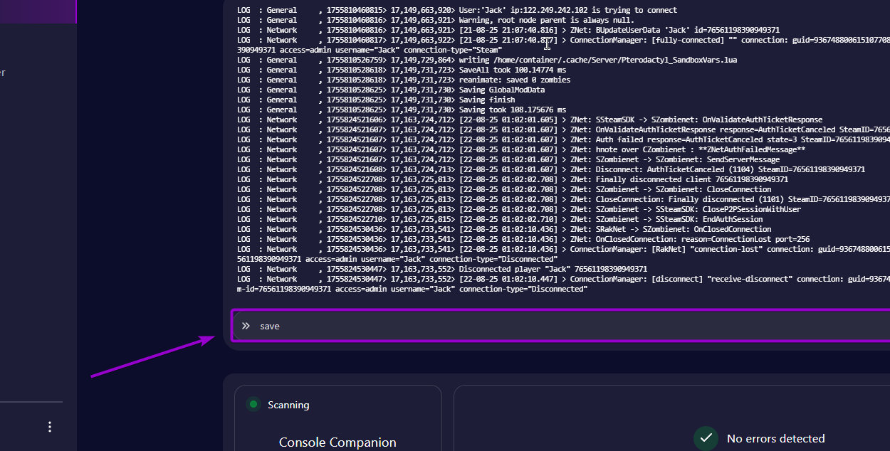 Cybrancee Panel Console Tab With Save Command outlined with arrow