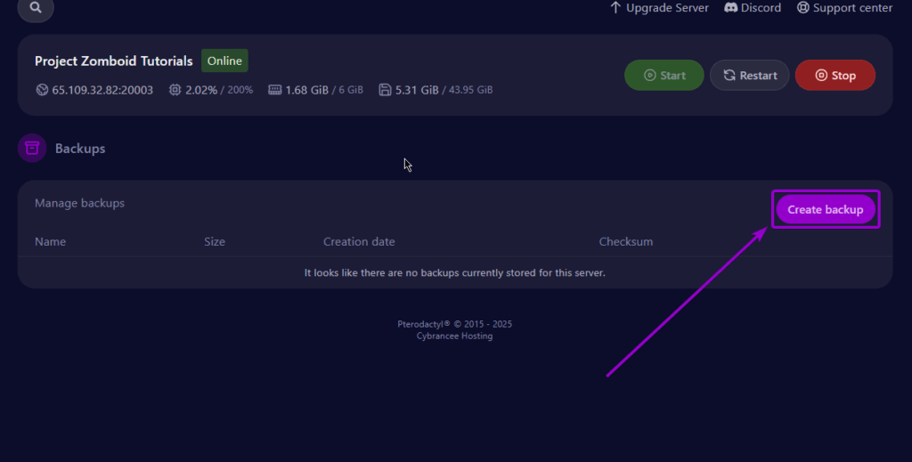 Cybrancee-Panel-Create-Backup-Button outlined with arrow