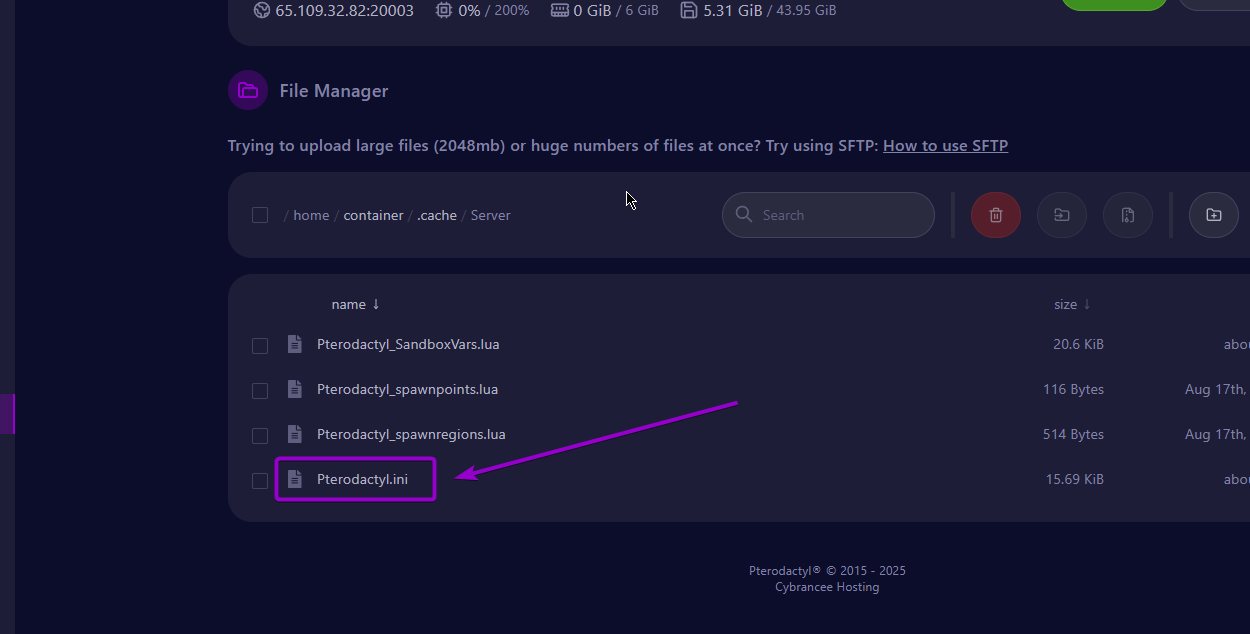 Cybrancee Panel Files Tab Pterodactyl file Project Zomboid Server