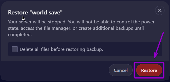 Cybrancee Panel Restore a Backup Button Confirmation outlined with arrow