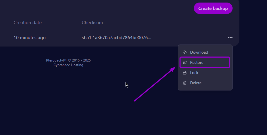 Cybrancee Panel Restore a Backup outlined with arrow