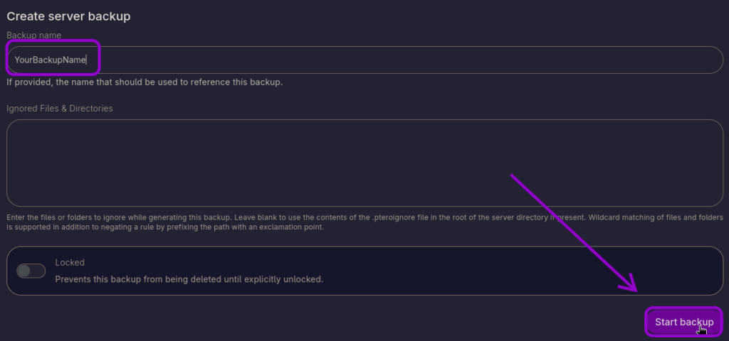 Cybrancee Panel Create Backup With Start Button Highlighted