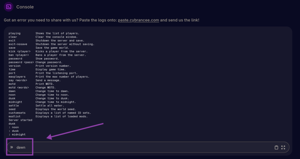 Cybrancee panel Terraria console screen, with console tab input field outlined