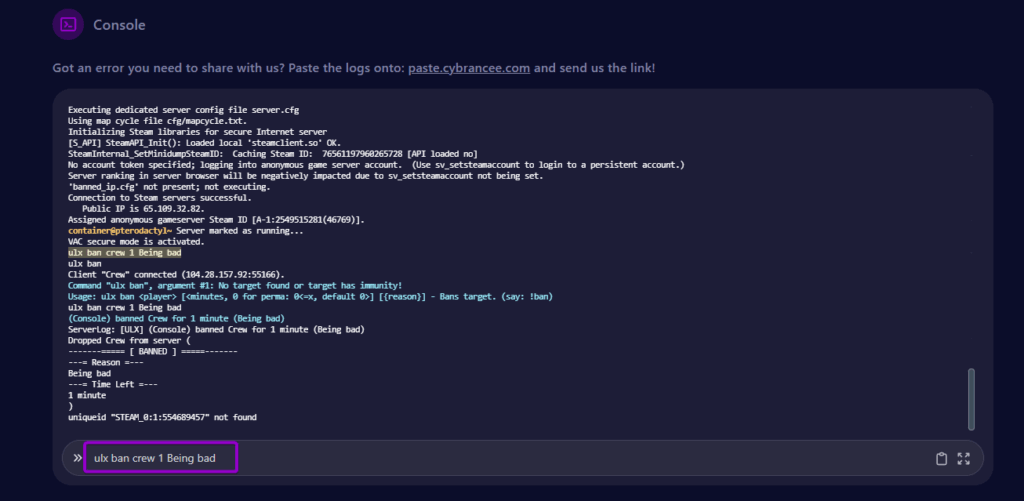 Cybrancee Panel Garry Mod Console With Ban Command Outlined
