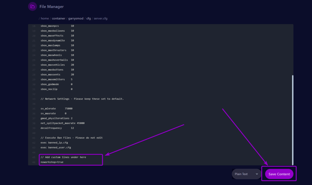 Cybrancee Panel Garrys Mod Files Garrys mod server.cfg with File changes and save button outlined