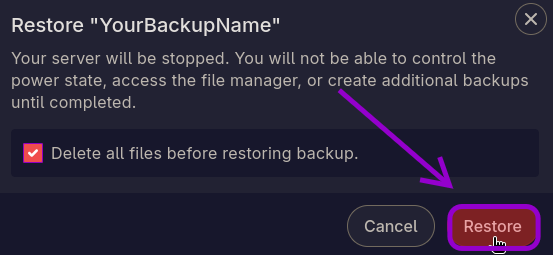 Cybrancee Panel Restore Backup With Restore Button Highlighted