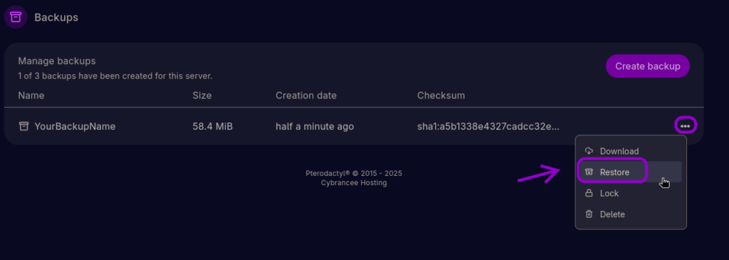 Cybrancee Panel With Restore Backup Highlighted