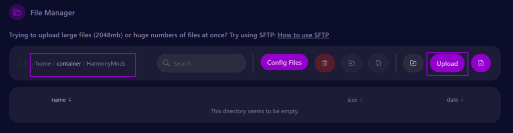 cybrancee panel rust server directory with Harmony mods folder and upload button outlined