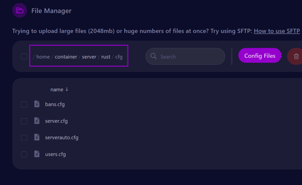 Cybrancee panel Rust server directory showing the cfg folder outlined