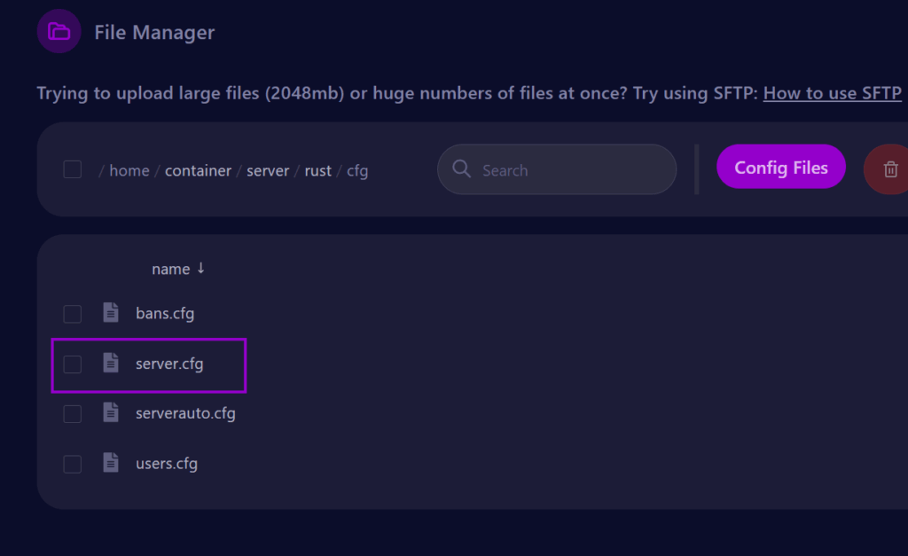 Cybrancee panel Rust server directory showing the server.cfg file outlined