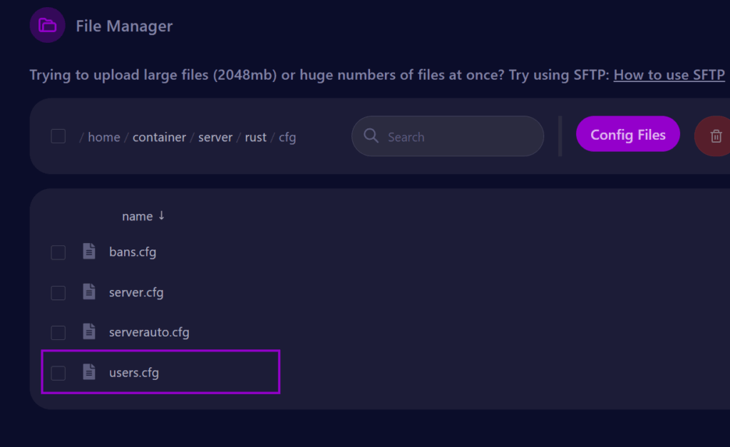 Cybrancee panel Rust server directory showing the users.cfg file outlined