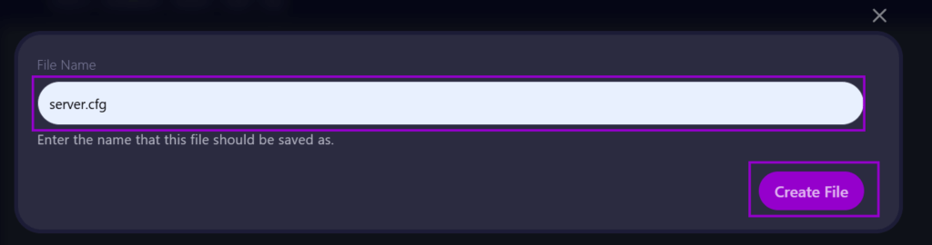 Cybrancee Panel Rust Server Files Tab with Create New File and Enter File Name buttons outlined