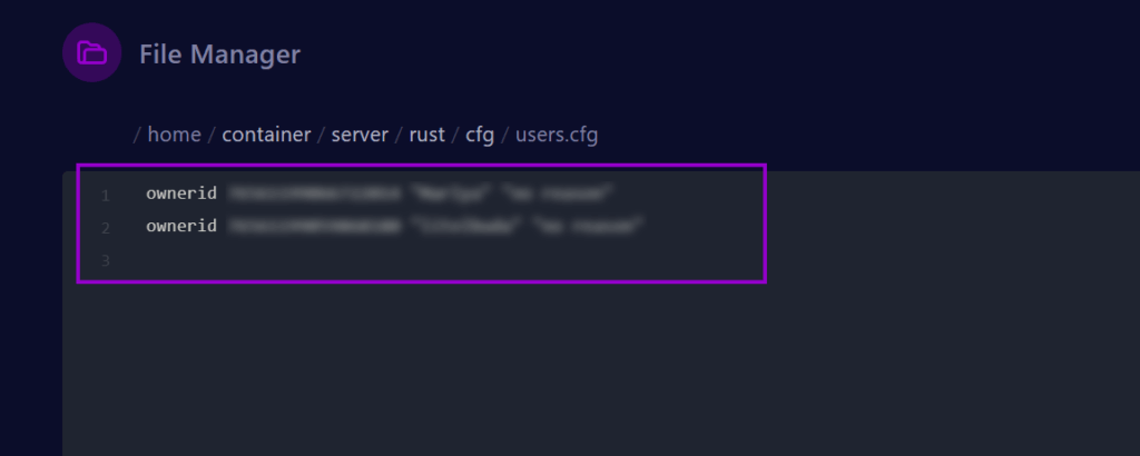 Cybrancee panel Rust server files tab showing the contents of the users.cfg file outlined