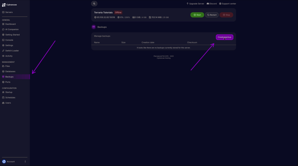 Cybrancee Panel With Backup Tab Selected and Backup Create Highlighted