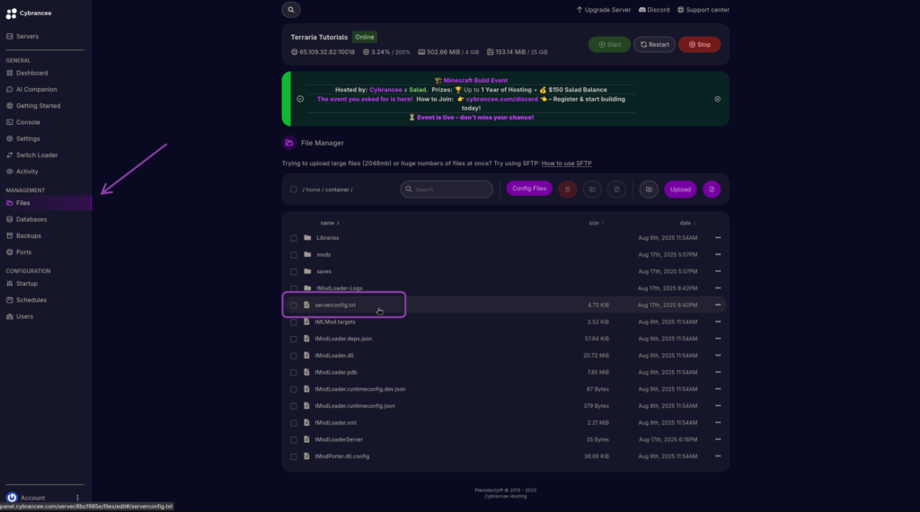 Cybrancee Panel Files Tab Server Config File