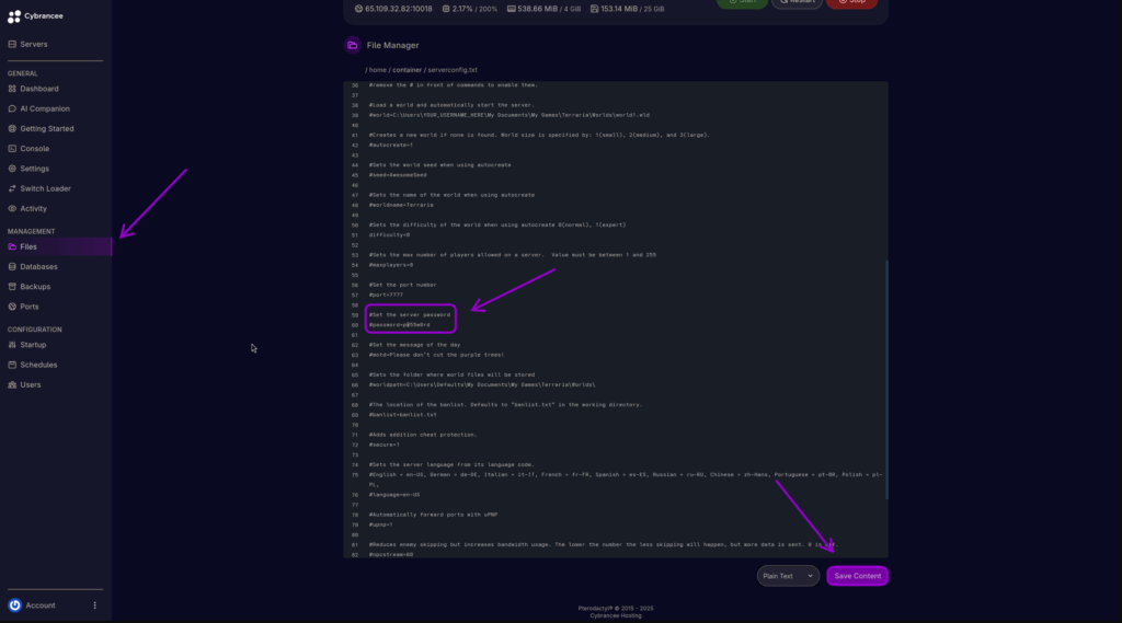 Cybrancee Panel Terraria Change Password With Config Highlighted