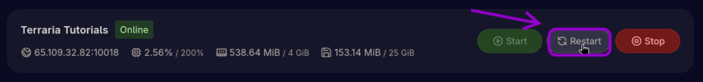 Cybrancee Panel Terraria Restart Server With Restart Highlighted