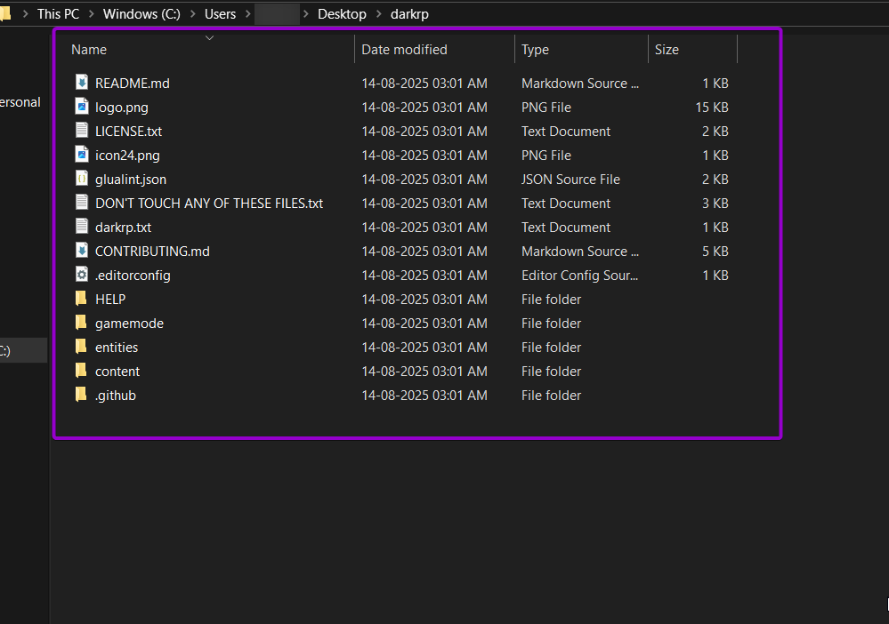DarkRP Extracted Files in File Explorer Outlined