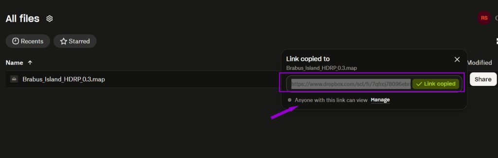 dropbox panel with copy link and anyone can access outlined