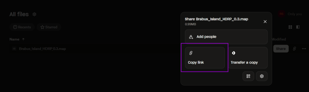 dropbox panel with copy link outlined