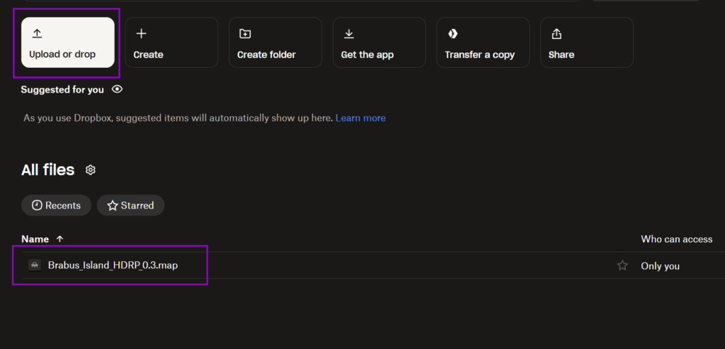dropbox panel woth upload and file uploaded outlined
