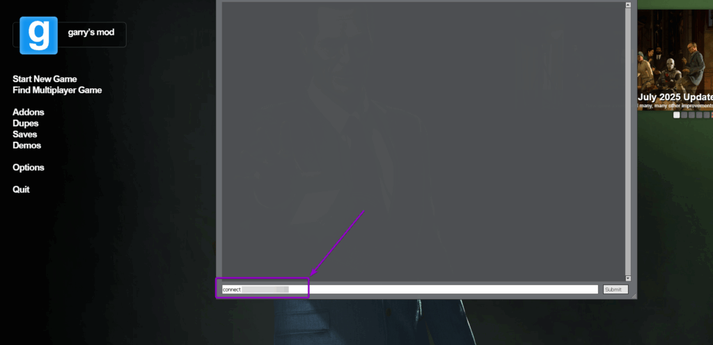 Garrys Mod Main Menu with In game Console Connect Command Outlined