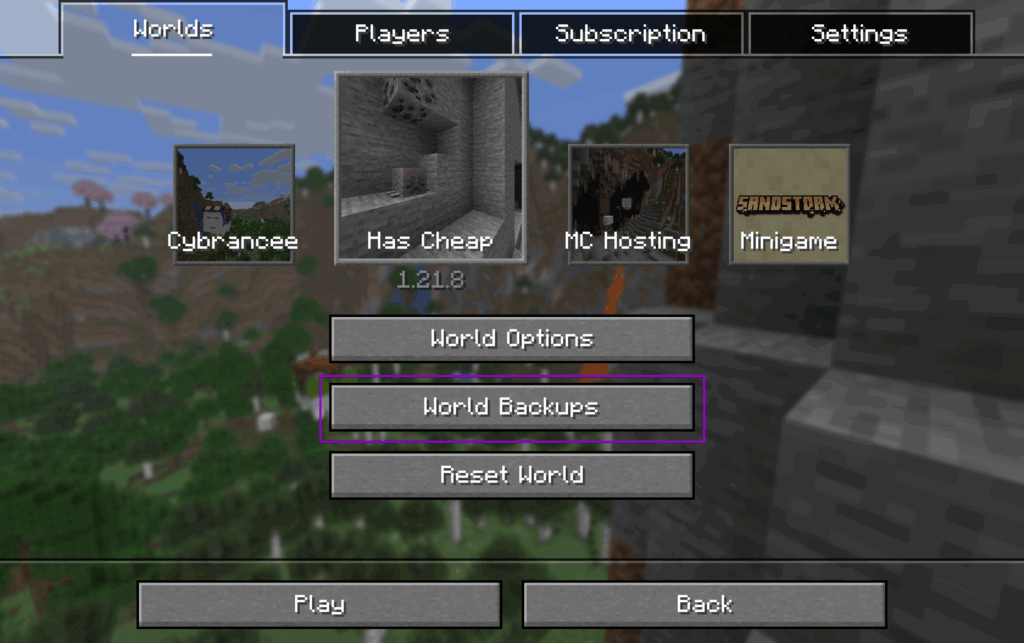 Minecraft Realms page with backups button highlighted